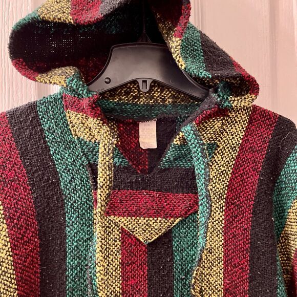 Vtg Baja Jacket L Molina Rasta Striped Pullover Drug Rug Hoodie Skater Surfer 90 - Picture 3 of 7